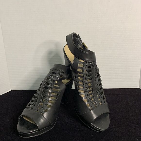CL by Laundry Way-026 Black Braided Design Slingback Sandals Heels Shoes 7.5 - Picture 1 of 6